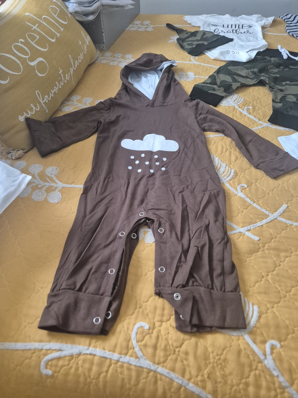 Baby Hooded Footie One-Piece with Cloud Graphic - Brown